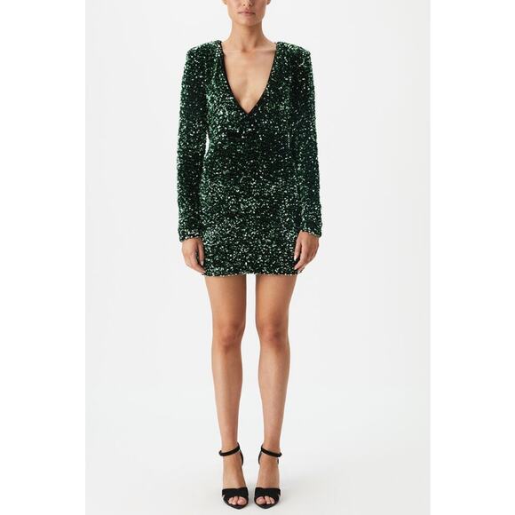 BARDOT Women's Lilia Sequin Mini Dress XS US 2 Vivid Green Long Sleeve NWT - Picture 2 of 13